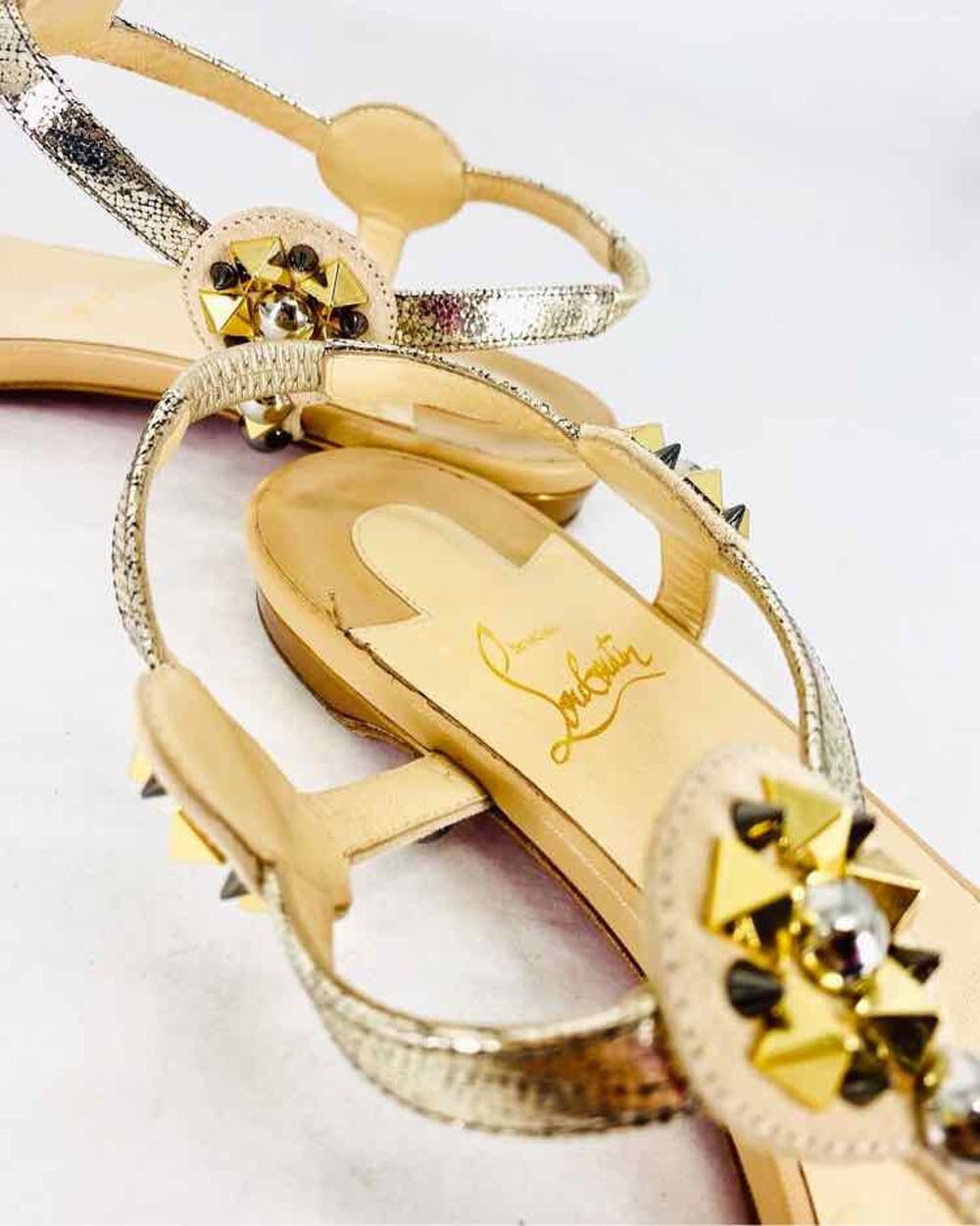 Christian Louboutin Size 7.5 Beige/Gold Studded Leather AS IS Designer Sandals